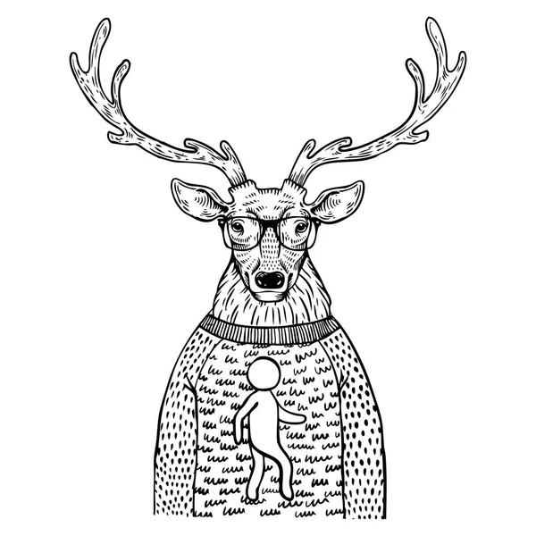 Ciervo en suéter grabado vector ilustración — Vector de stock