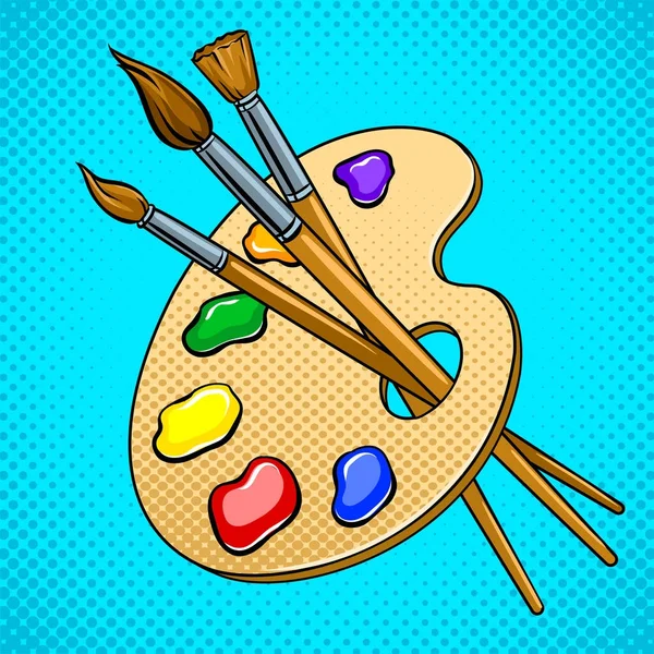 Paleta con pinturas y pinceles pop art vector — Vector de stock