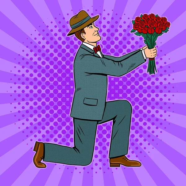 Homem dá flores buquê vetor de arte pop —  Vetores de Stock