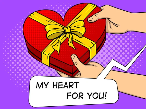 Roșu în formă de inimă cadou cutie pop art vector — Vector de stoc