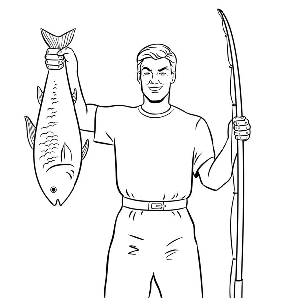 Fischer mit Fisch Malbuch Vektor — Stockvektor