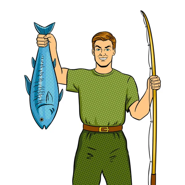 Fisherman with fishing rod and fish pop art vector — Stock Vector