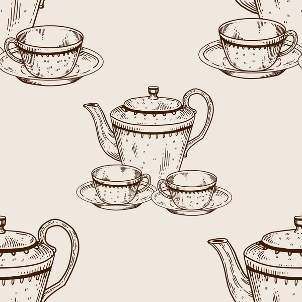 Tee-Set Utensil nahtlose Muster Graviervektor — Stockvektor