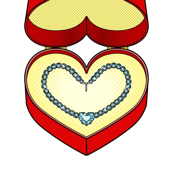 ギフト ボックス ポップアート ベクトルでダイヤモンド ネックレス ハート — ストックベクタ