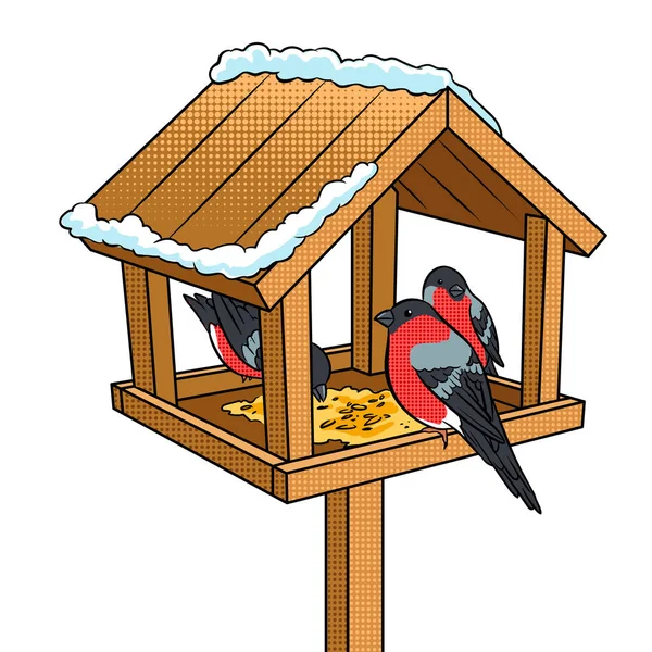 Mangeoire d'oiseaux d'hiver illustration vectorielle pop art — Image vectorielle