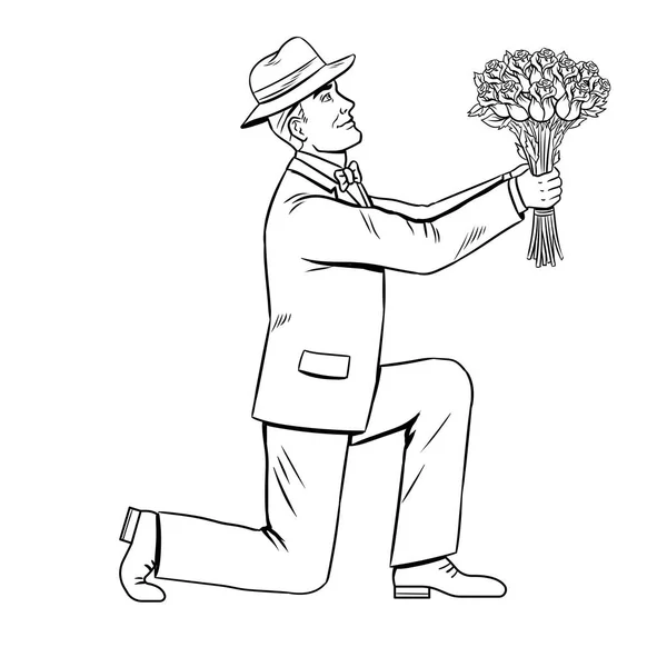 Homem dá flores buquê colorir vetor livro — Vetor de Stock