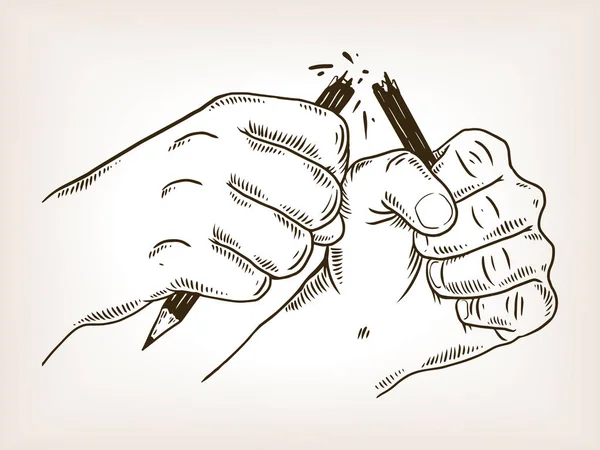 Ręce złamać ołówek Grawerowanie ilustracja wektorowa — Wektor stockowy