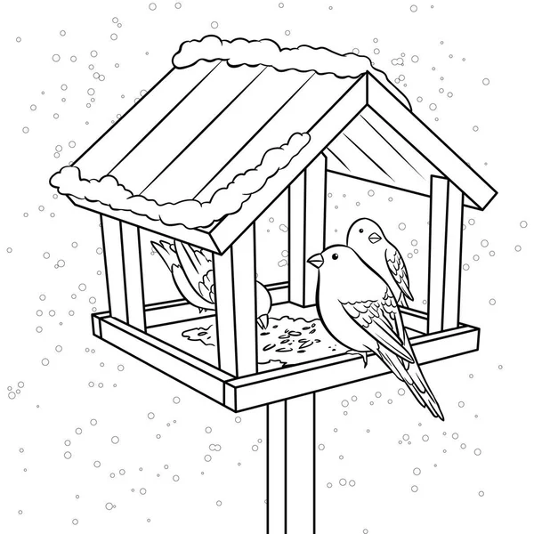 Alimentador de aves de invierno para colorear libro vector — Vector de stock