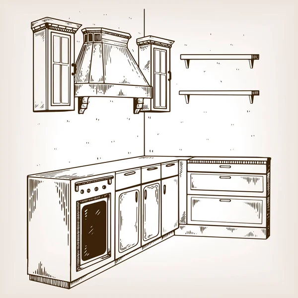 Muebles de cocina grabado vector ilustración — Vector de stock
