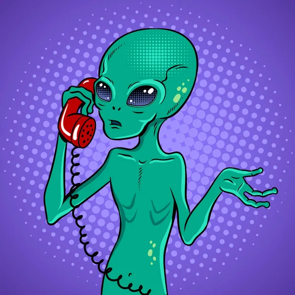 Alien tala på telefon pop art vektor — Stock vektor