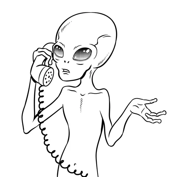 Alien hablando por teléfono para colorear libro vector — Vector de stock