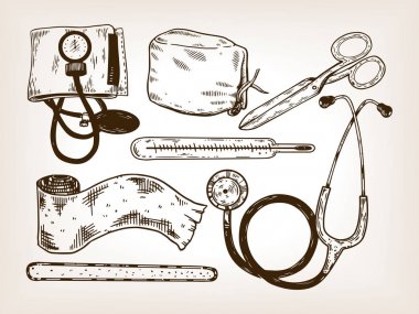 Doktor araçları vektör çizim oyma