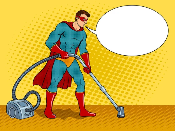 Superhero with vacuum cleaner pop art vector — Stock Vector