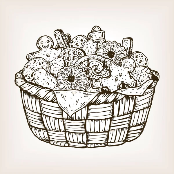 Basket with cookies engraving vector illustration — Stock Vector