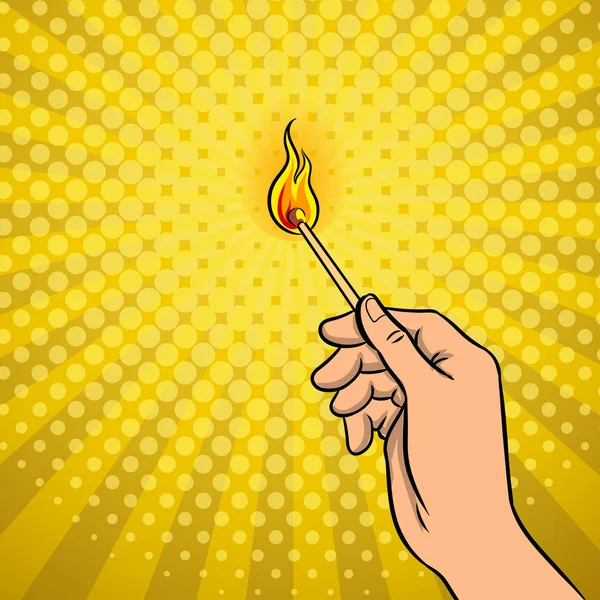 Main avec allumette brûlée illustration vectorielle pop art — Image vectorielle