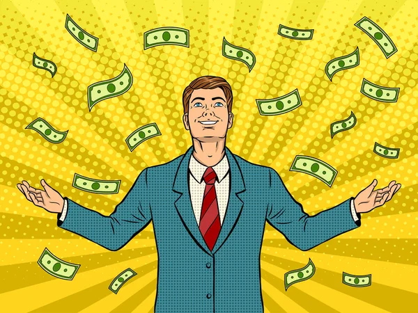 Businessman and money rain pop art vector — Stock Vector
