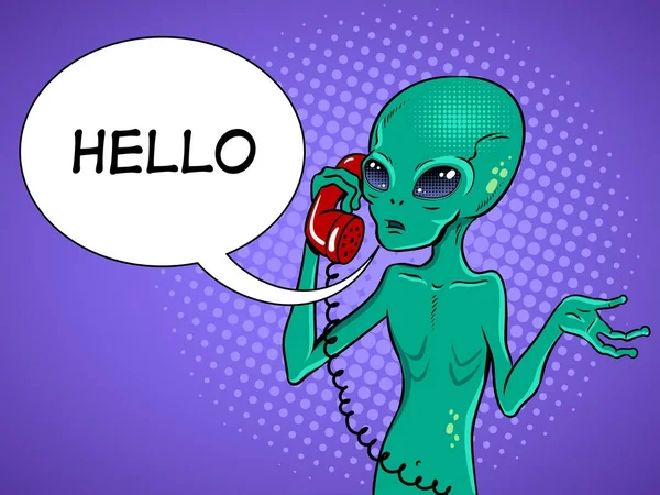 Alien hablando por teléfono pop art vector — Vector de stock