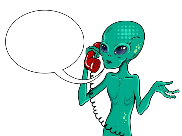 Alieno parlando al telefono pop art vettoriale — Vettoriale Stock