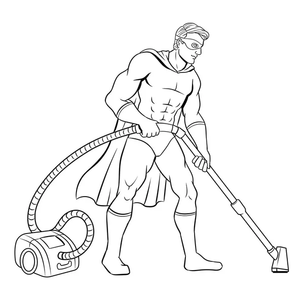 Superhero dengan Vektor buku mewarnai vacuum cleaner - Stok Vektor