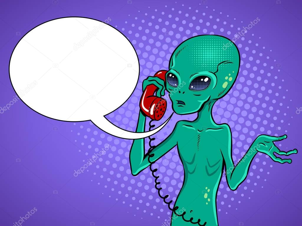 Alien speaking on phone pop art vector