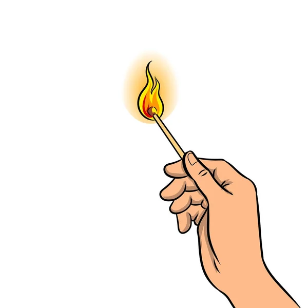 Mano con fiammifero bruciato arte pop vettoriale illustrazione — Vettoriale Stock