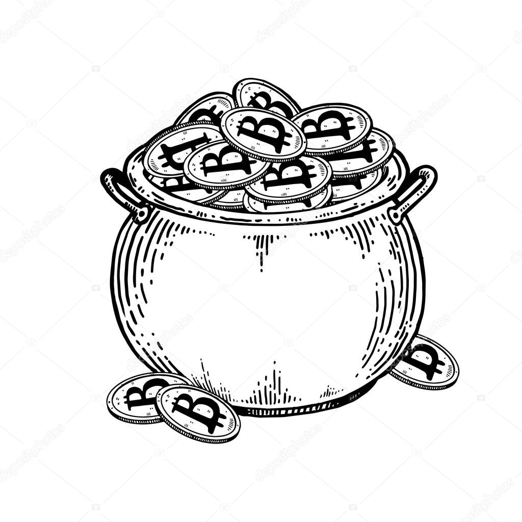 Pot of coins engraving vector illustration