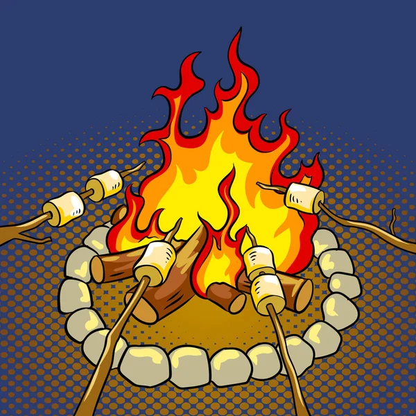 たき火ポップアート ベクトル図の上にマシュマロ — ストックベクタ