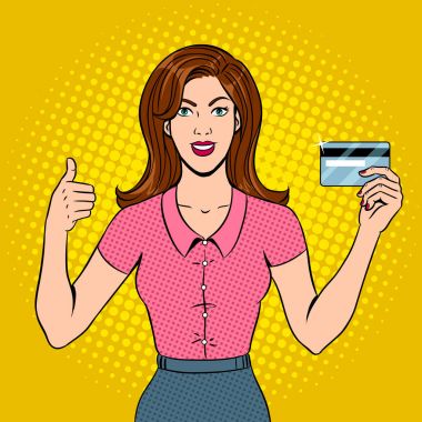 Banka kartı pop sanat vektör olan kadın