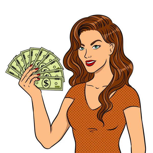 Mujer joven con dinero en efectivo vector de arte pop — Vector de stock