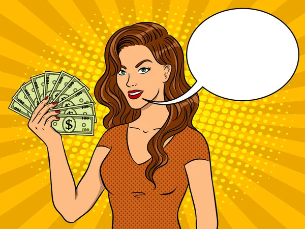 Young woman with cash dollars pop art vector — Stock Vector