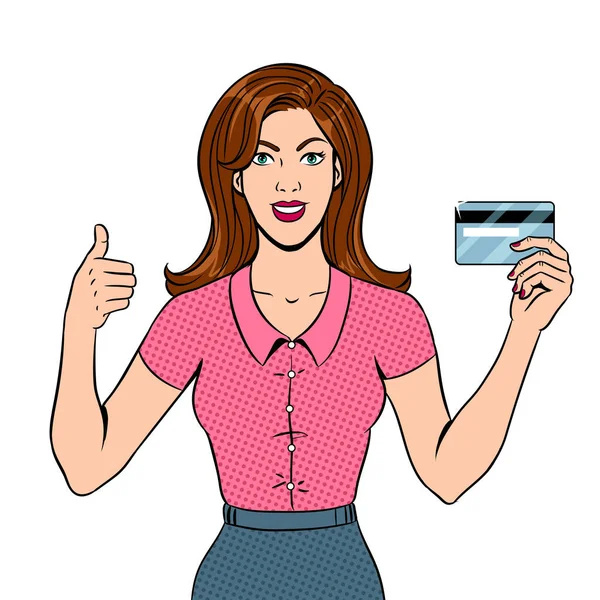 Giovane donna con carta di credito pop art vector — Vettoriale Stock