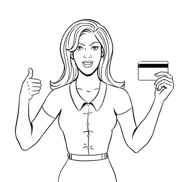 Νεαρή γυναίκα με τραπεζική κάρτα χρωματισμός βιβλίο διάνυσμα — Διανυσματικό Αρχείο
