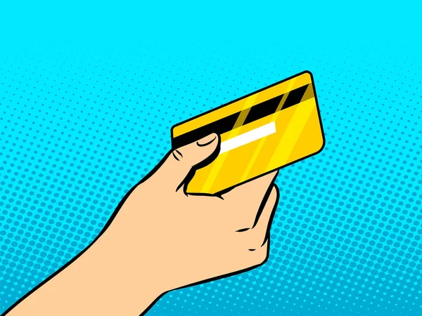 Mano con carta di credito pop art vector — Vettoriale Stock