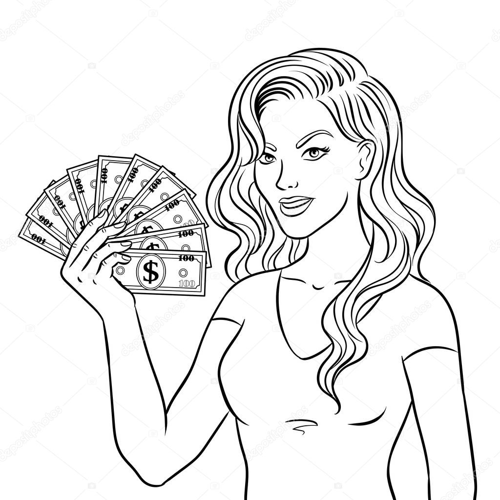 Young woman with cash dollars coloring book