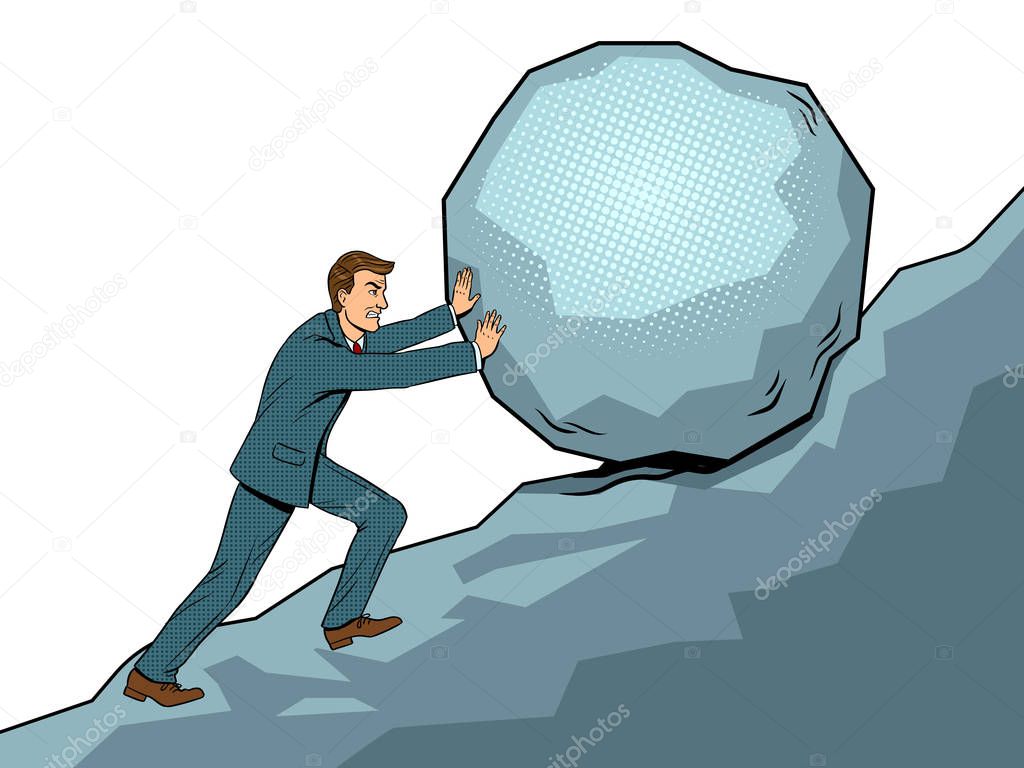 Businessman pushing rock uphill pop art vector