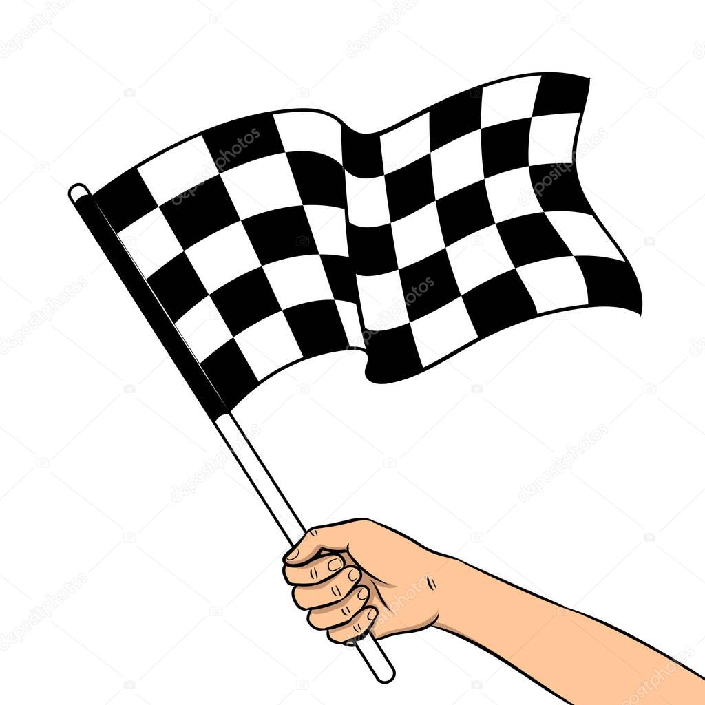 Racing flag in hand pop art vector illustration