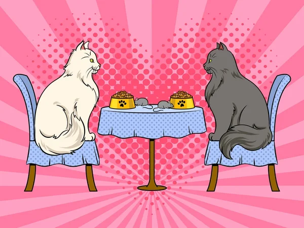 Cats on date in cat restaurant pop art vector — Stock Vector