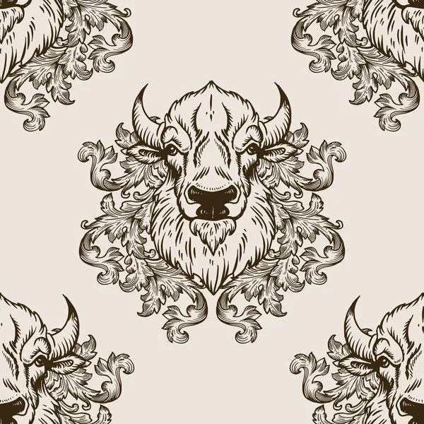 Ilustración de vector de patrón sin costura cabeza de bisonte — Vector de stock