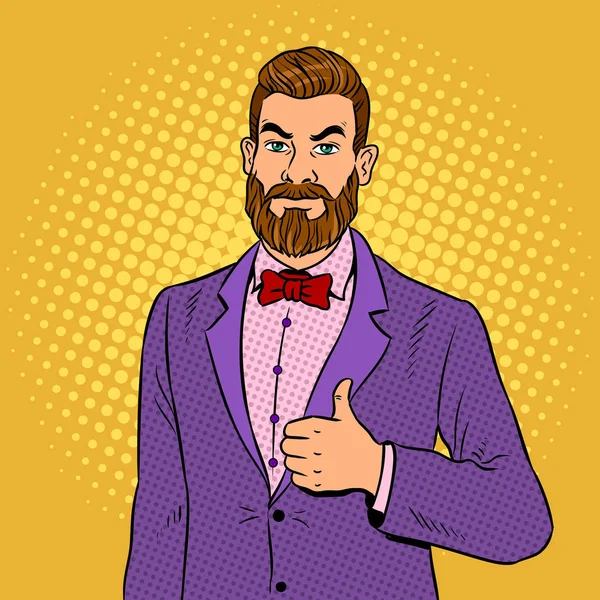 Hombre con la barba pulgares hacia arriba vector de arte pop — Vector de stock