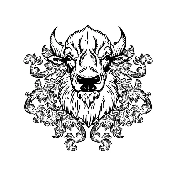 Bison head with floral ornament engraving vector — Stock Vector