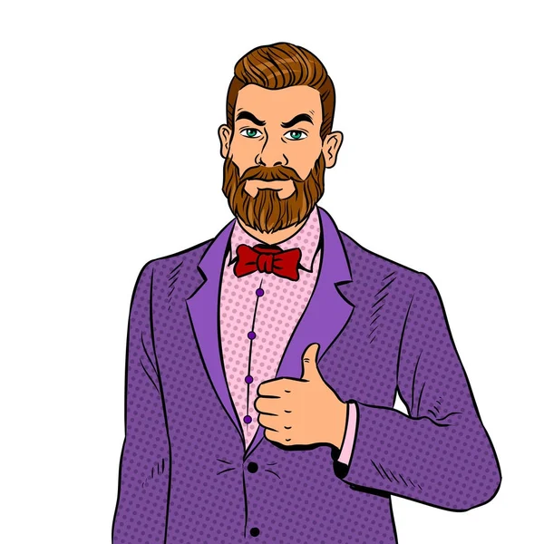 Homme à la barbe pouces vers le haut vecteur pop art — Image vectorielle