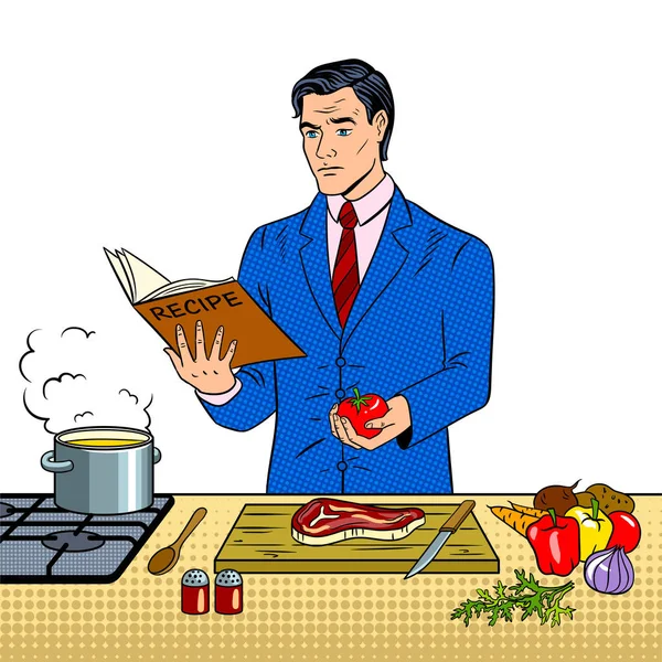 Uomo in giacca e cravatta cucina cibo pop art vettore — Vettoriale Stock
