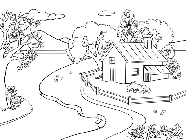 Printemps paysage coloriage livre vecteur — Image vectorielle