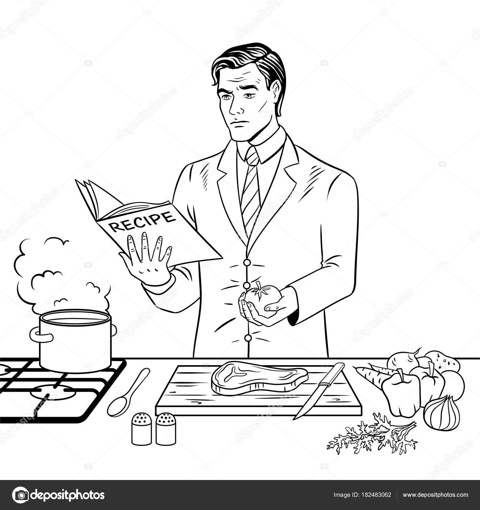 Man Cooking Food Coloring Book Vector — Stock Vector - Man Cooking Food Coloring Book Vector — Stock Vector