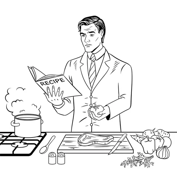 Uomo cucina cibo colorante libro vettore — Vettoriale Stock