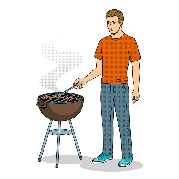 Hombre y barbacoa arte pop vector ilustración — Vector de stock