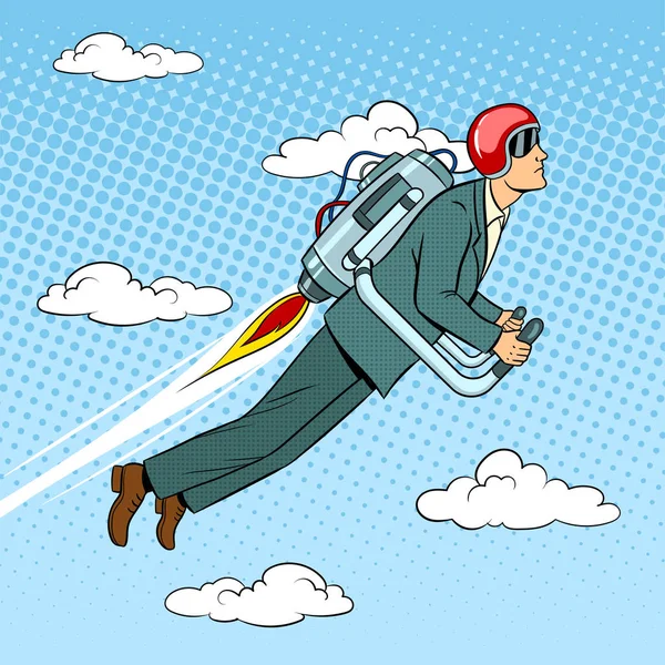 Homem voando jet pack estilo pop arte vetor — Vetor de Stock