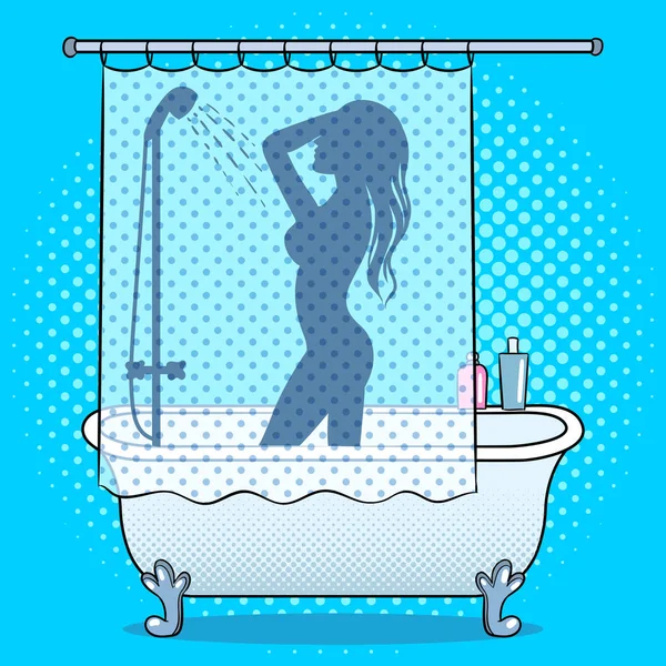 Femme lavage dans douche pop art style vecteur — Image vectorielle