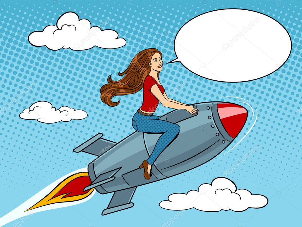 Woman flying rocket pop art style vector