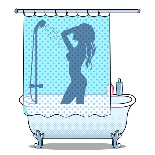 Mujer lavado en ducha pop arte estilo vector — Vector de stock